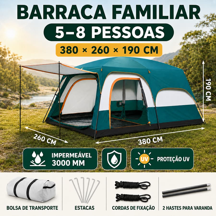 Barraca Camping 5-8 Pessoas Tenda Impermeável Família Resistente com Varanda e Divisória 380x260x190cm