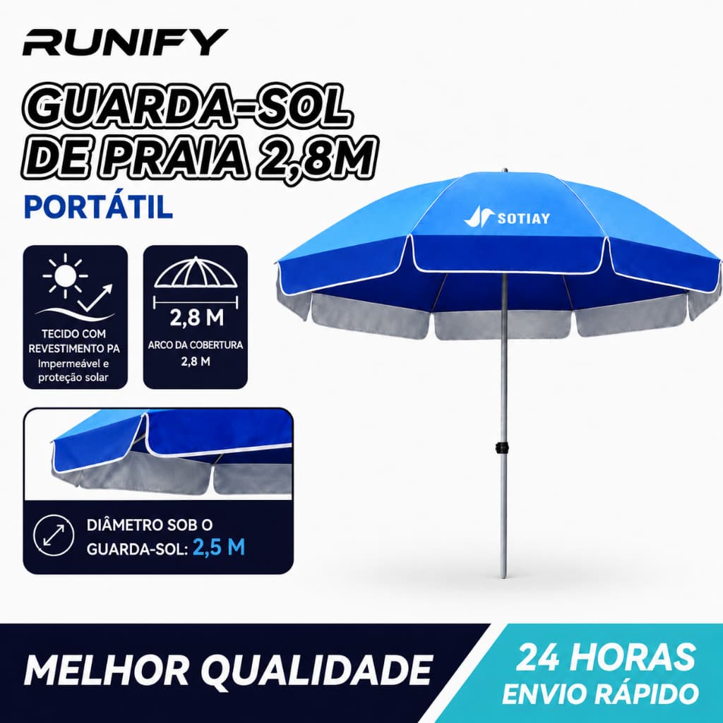 Guarda-sol Praia 2,80m Armação Metálica, Proteção UV, Tecido Oxford Impermeável, Anti-Vento, Grande Cobertura para Praia