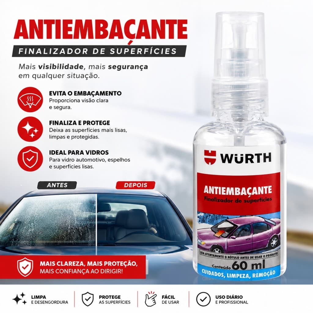 Anti Embacante Wurth 60ml Para vidros automotivos espelhos de banheiros viseiras e para-brisas