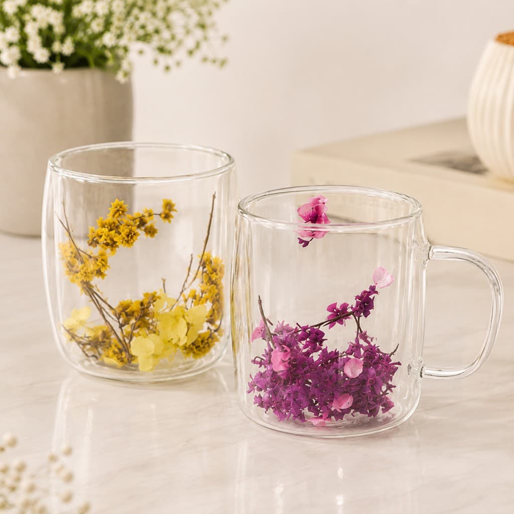 Caneca Parede Dupla de Vidro Borossilicato com Detalhes de Flores Secas Colors 180ml Resistente Ao Calor