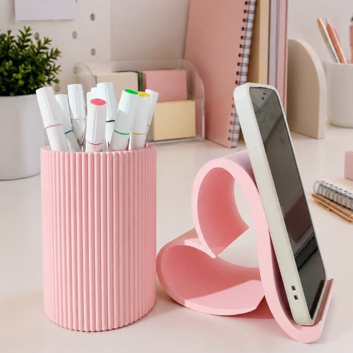 Suporte de Mesa para celular mais Porta Lápis ou Pinceis Conjunto Rosa