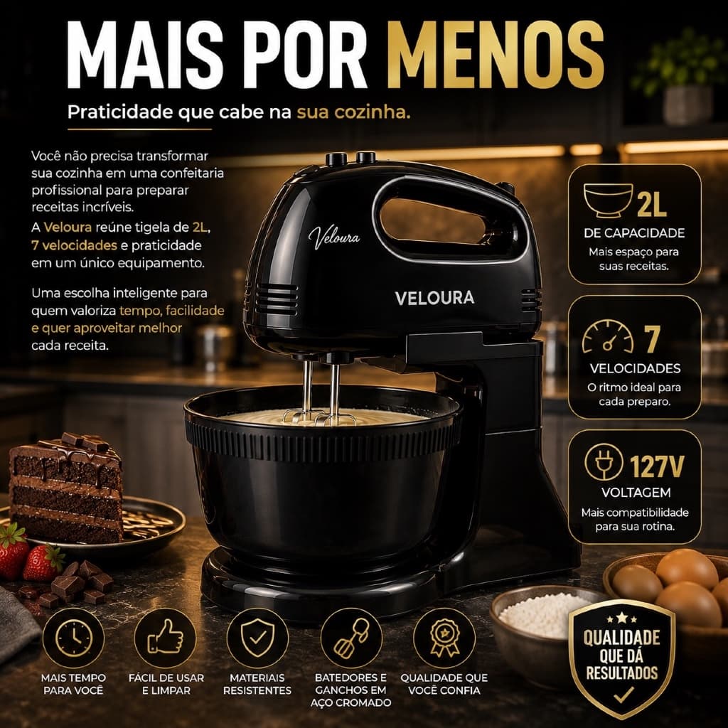 Batedeira Elétrica Veloura 250W 2L 7 Velocidades Preta 127V com Tigela