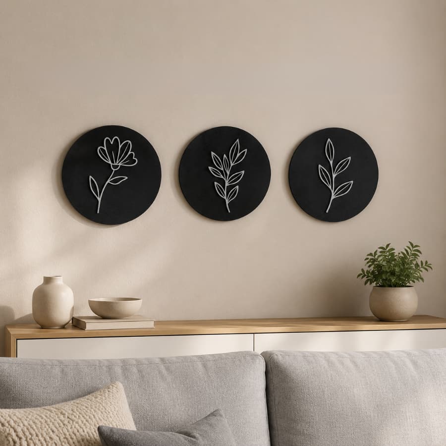 Kit Quadros Redondos Florais Em MDF 3 Unidades Decoração Para Casa Alta Qualidade