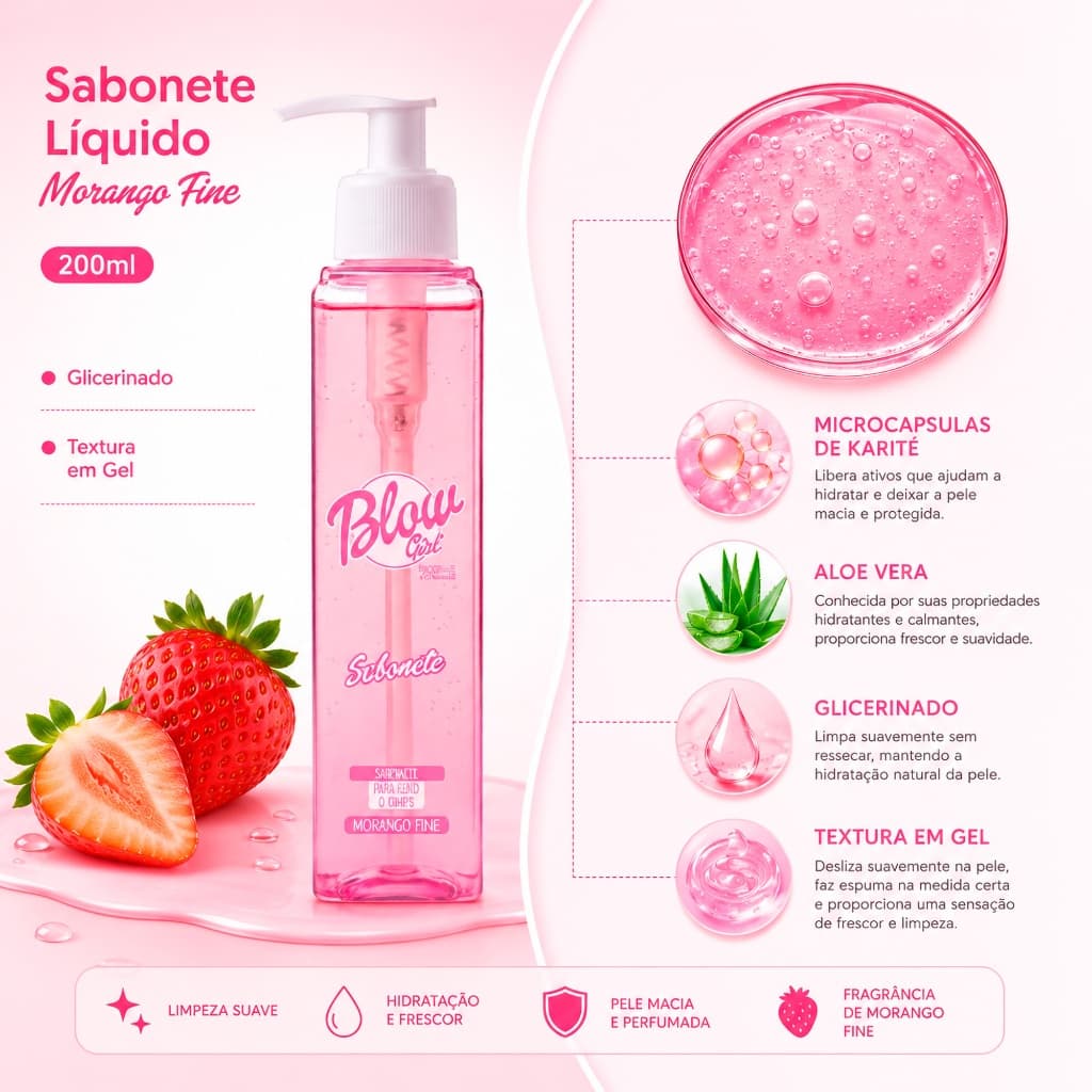 Sabonete Líquido Glicerinado Aloe Vera para Banho e Mãos Morango com Karité Blow Girl 200ml