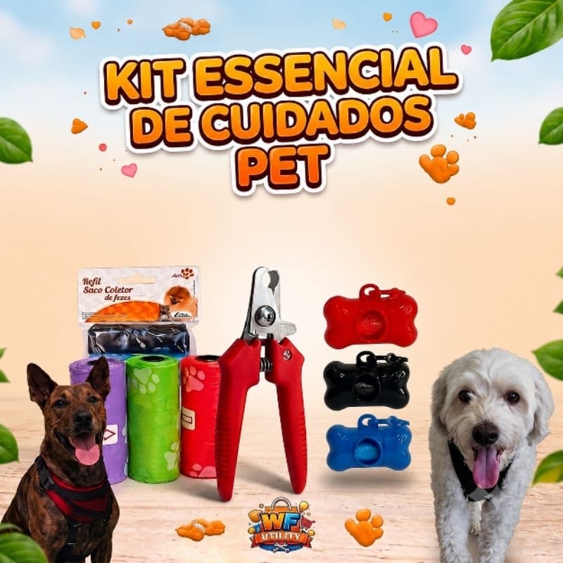 Kit Pet 3 em 1 para Cachorro – Cata Caca com Saquinhos + Suporte com Presilha + Cortador de Unhas Pet