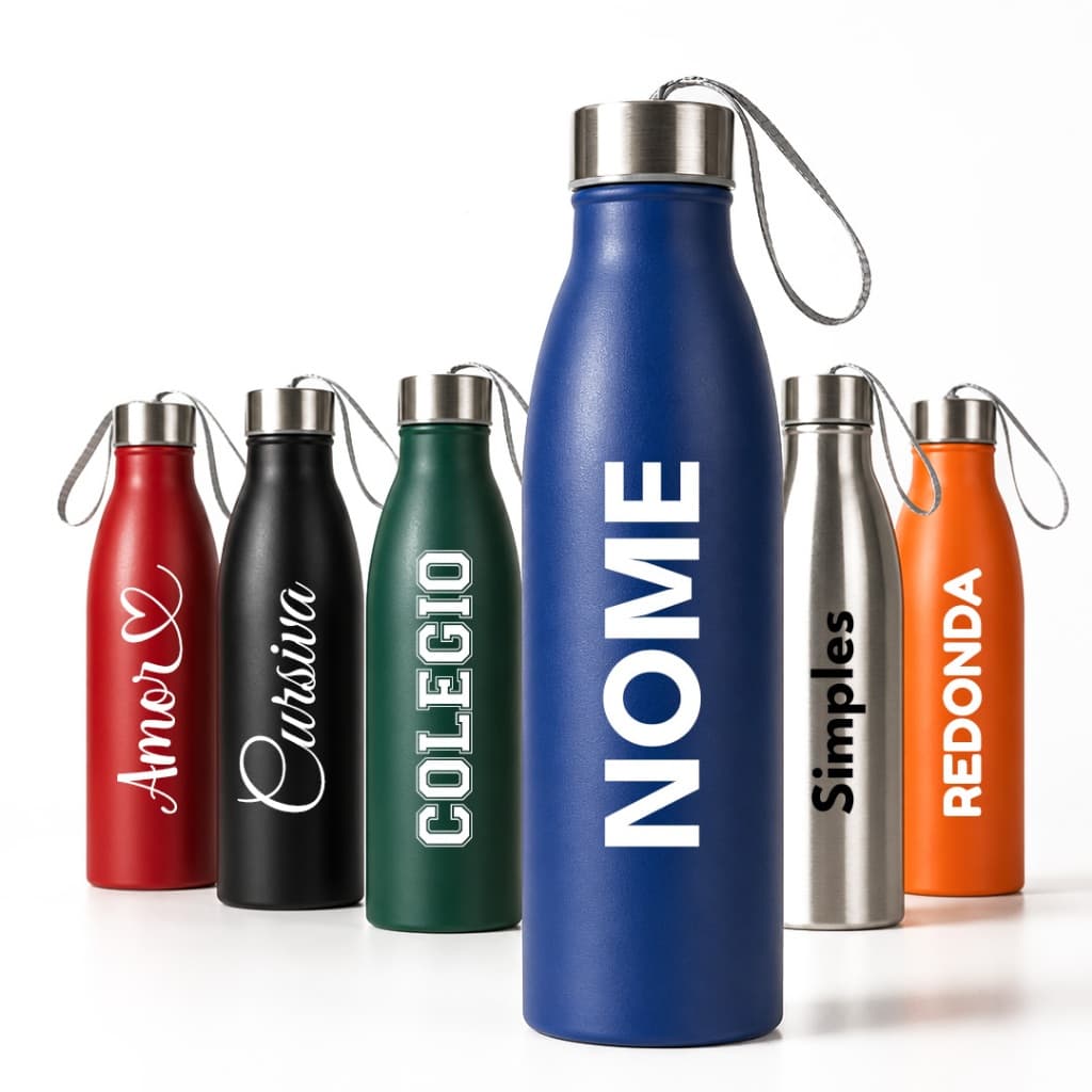 Garrafa Squeeze Inox 750ml Personalizada Nome Alça - Esporte Academia Leve Resistente
