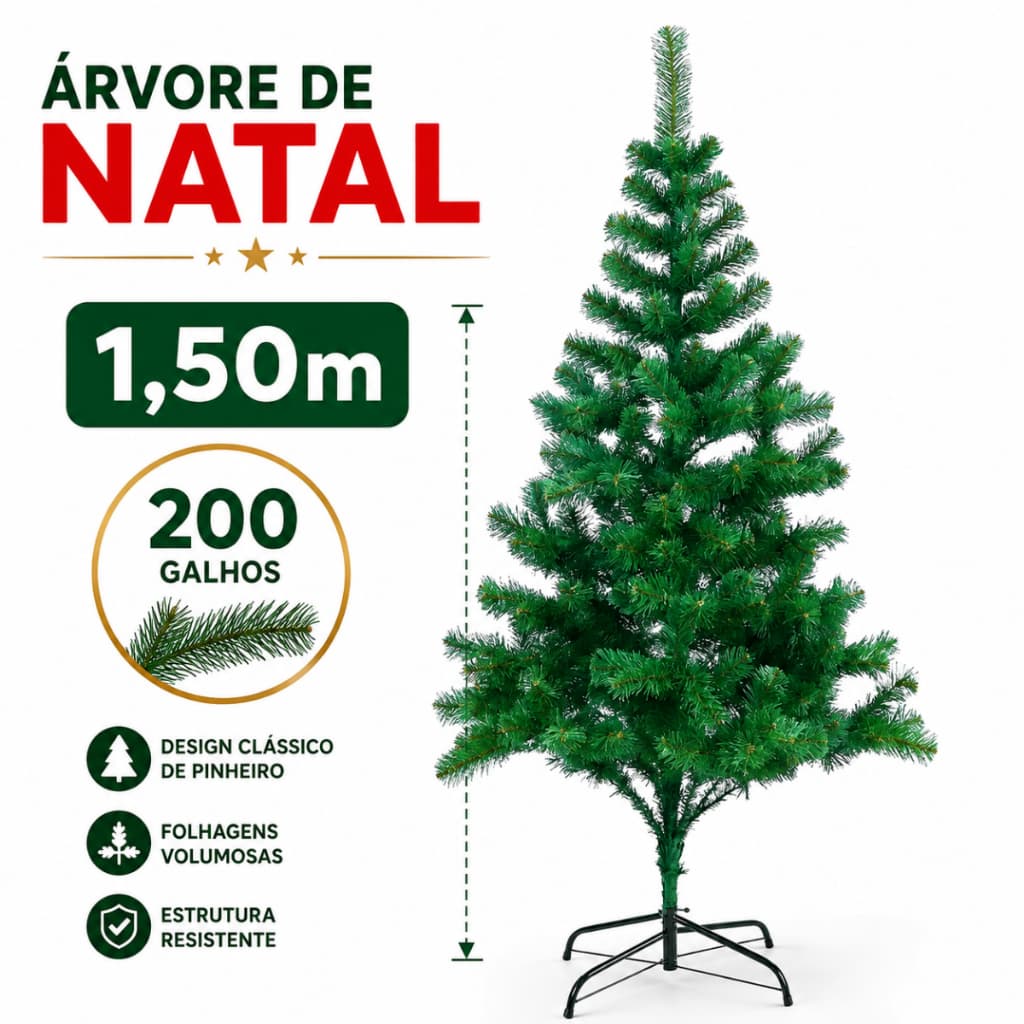 Árvore de Natal 1,50m Pinheiro Verde Cheia 200 Galhos Decoração Natalina Sala Varanda Aparador