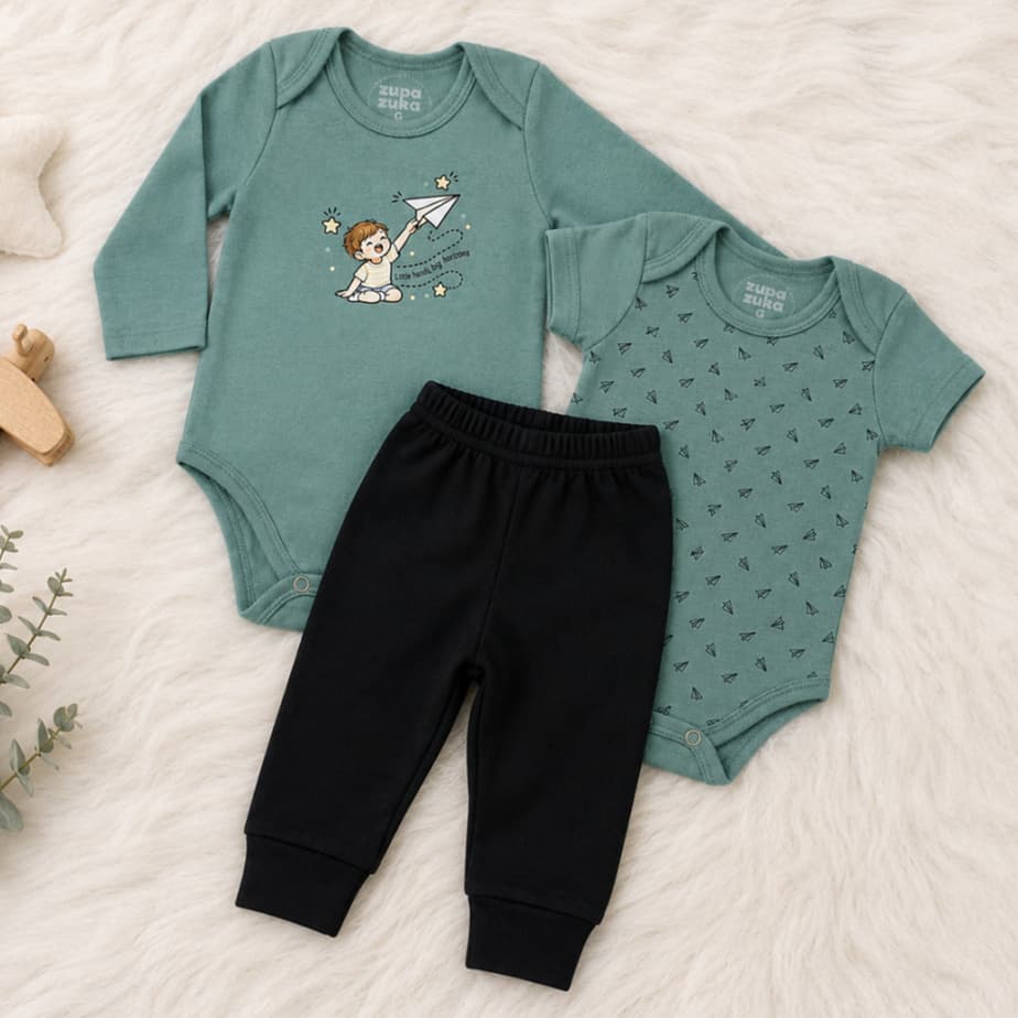 Kit Body Bebê 3 peças Aviãozinho, Body Manga Longa, Body Manga Curta e Calça Roupas de Bebê Conjunto Bebê Mini Aviador