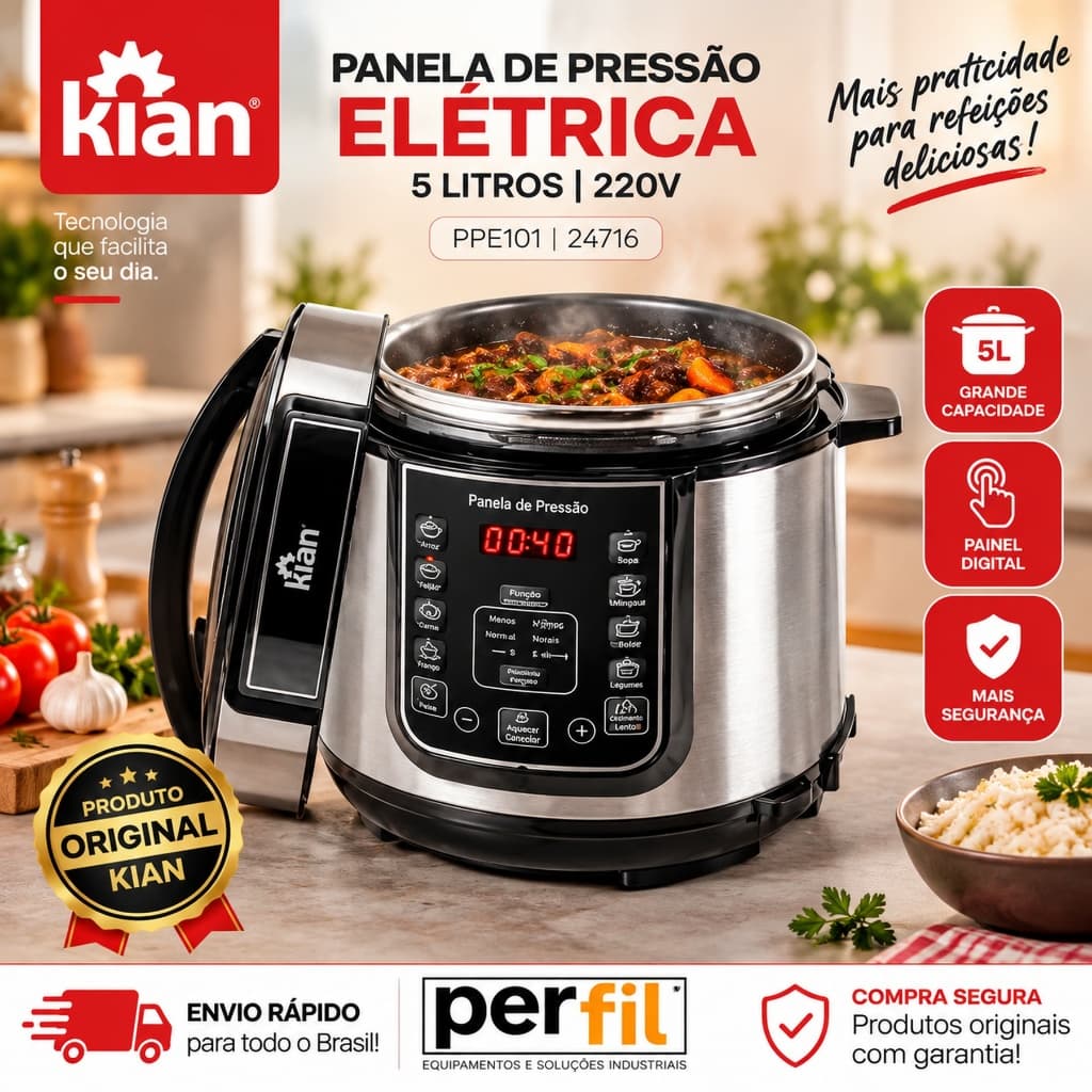 Panela de Pressão Elétrica 5L 220V Kian PPE101 Inox Multifunção PANELA DE PRESSÃO 5 LITROS PANELA ELETRICA