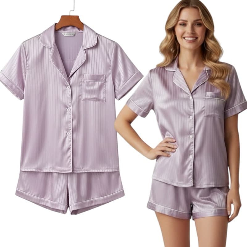 Pijama Lilás curto cetim premium, pijama modelo americano, pós cirúrgico, amamentação, tamanho PP ao G