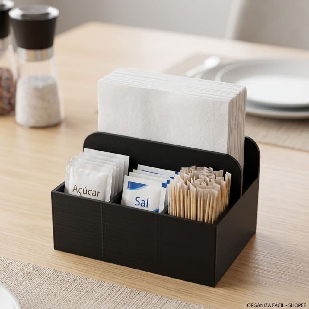 Porta Guardanapo e Sachê de Sal Açúcar Adoçante Palito de Dente Organizador de Mesa Moderno Compacto