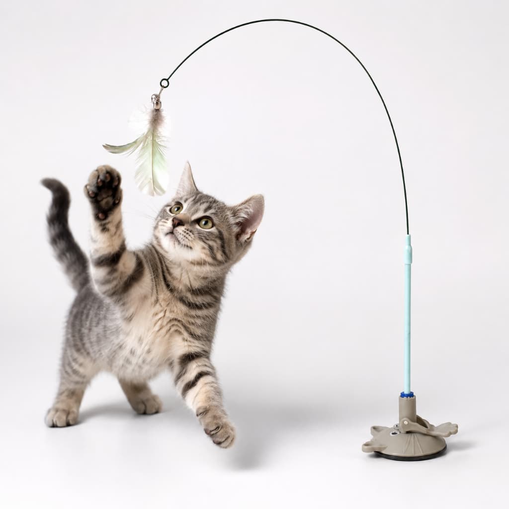 Brinquedo Interativo para Gatos com Ventosa, Varinha, Guizo e Penas