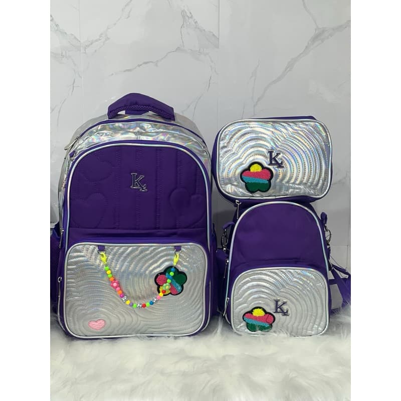 Kit Mochila Escolar Infantil Menina 3 Peças, Mochila + Lancheira + Estojo, Design Holográfico Colorido para Volta Aulas