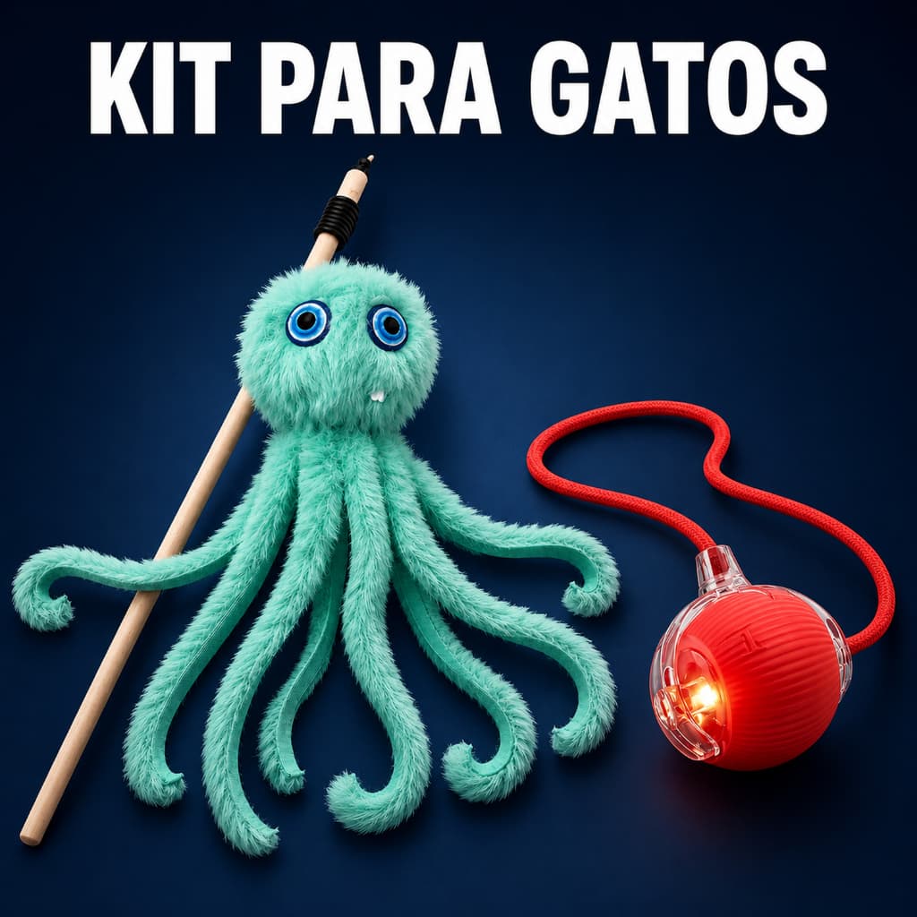 Kit Brinquedos para Gatos Interativos Bolinha Automática + Varinha Pelucia Polvo com Som