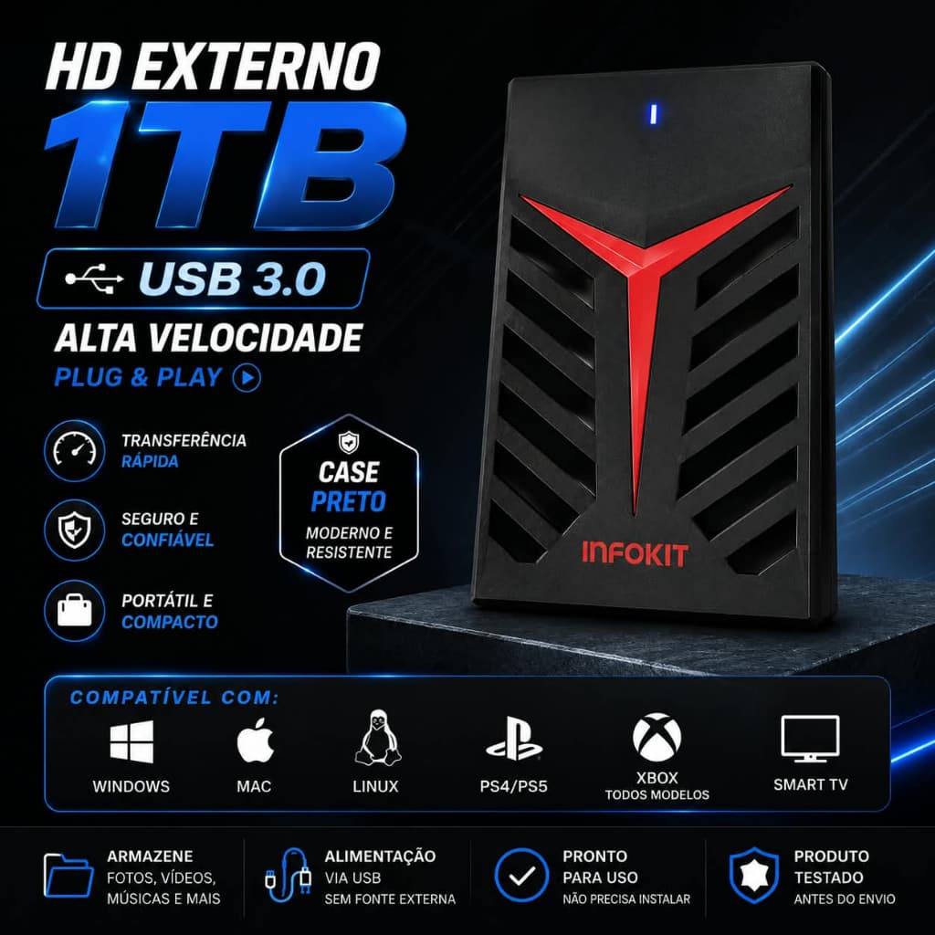 HD 1TB 2,5" + Case Externo USB 3.0 para Notebook, Vídeo Game e PC