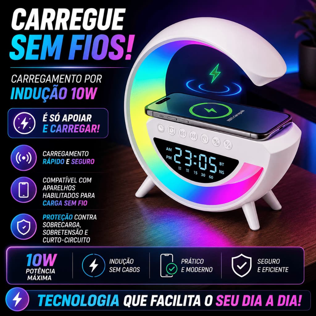 Luminária com Caixa de Som Bluetooth Relógio e Carregador por Indução 10W G Speaker
