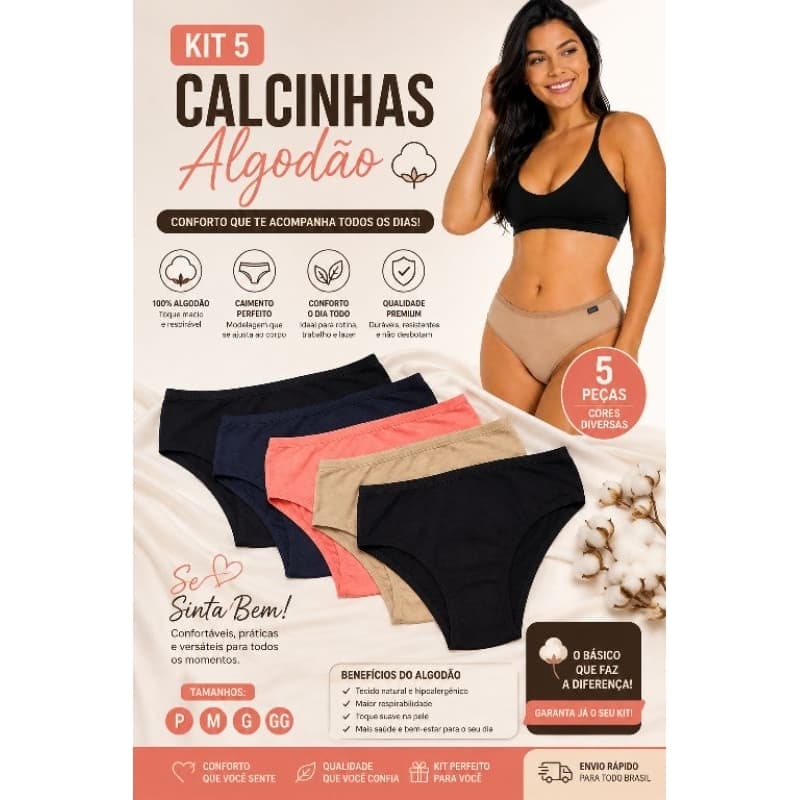 Kit 5 Calcinha Feminina 100 % Algodão Cores Diversas, Dia a Dia, Confortável Cintura alta Respirável e excelente.5