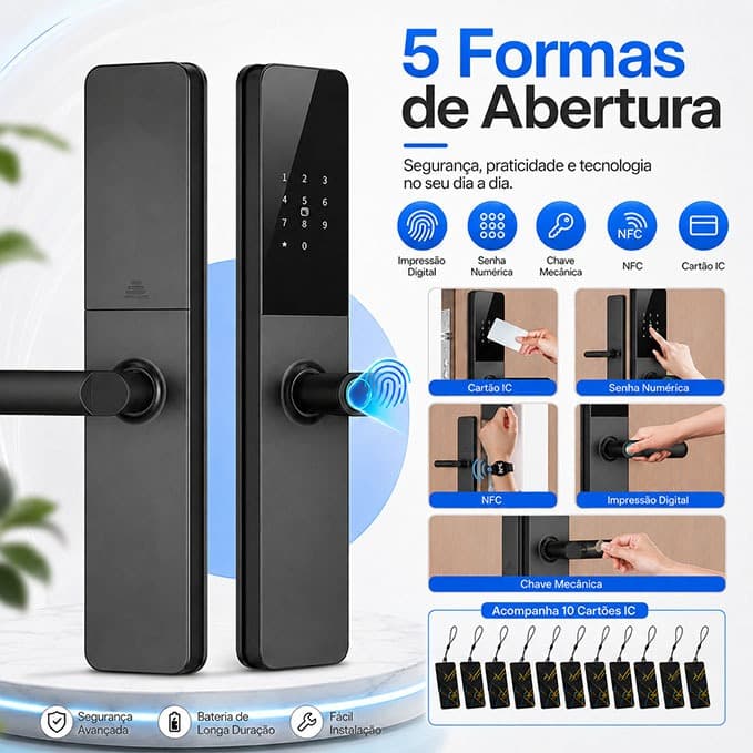 Fechadura Digital Aço Premium 5 em 1 com NFC, Biometria, Senha Touch, Chave e Tag