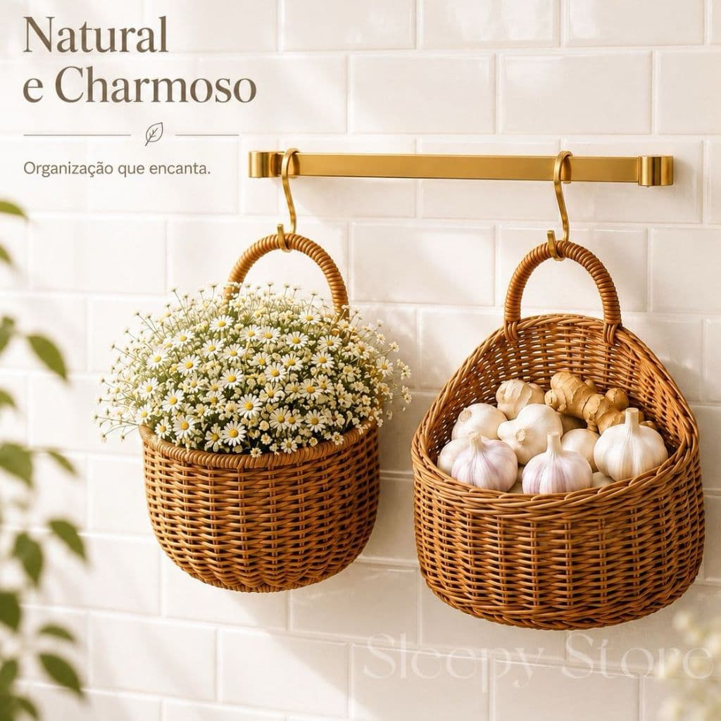 Cesto Organizador de Parede Trançado com Alça Decorativo Multiuso para Cozinha Banheiro Quarto