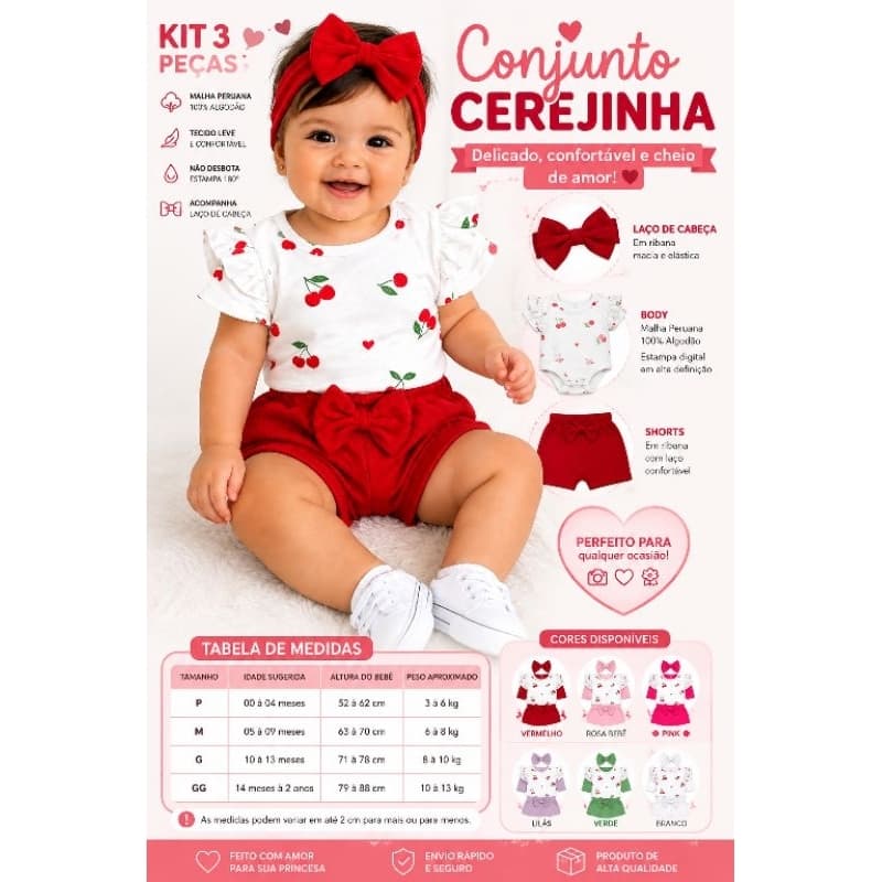 KIT BEBÊ MENINA 3 PEÇAS – BODY + SHORTS + FAIXA COM LAÇO