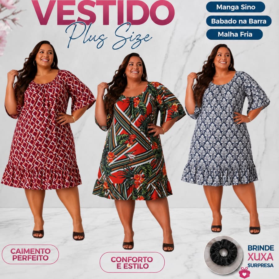 Kit 2 Vestido Plus Feminino Liganete Babadinho Fresquinho Confortável Longuete Midi