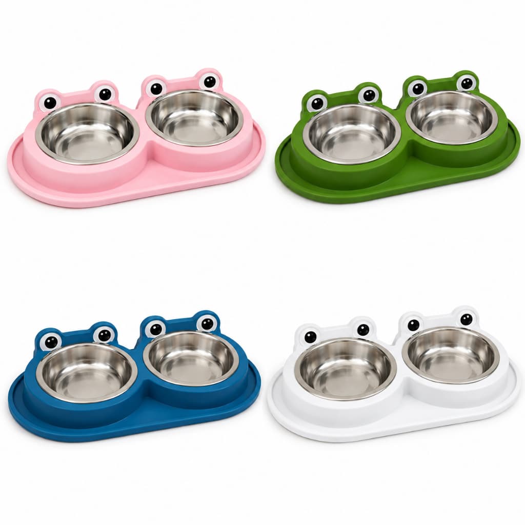 Comedouro e Bebedouro Duplo para Cachorro e Gato Formiga Tigela Inox Removível 300ml Pote Ração Sapinho Frog