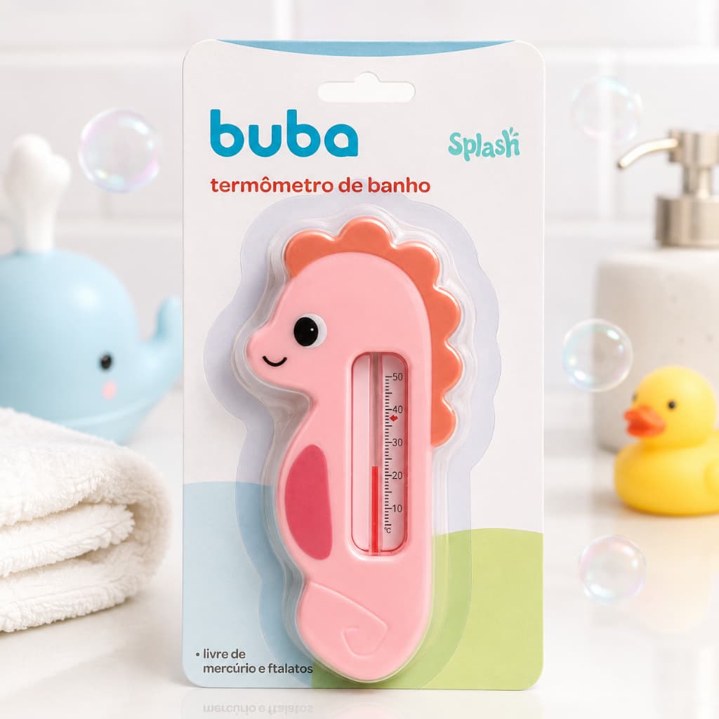 Termômetro de Banho Buba Splash Cavalo Marinho Rosa Infantil Bebê Ref:22647