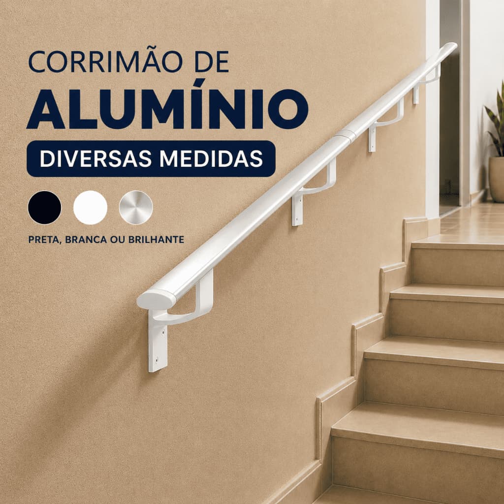 Corrimão Alumínio 1,50 até 6 metros - Chato - Kit completo Para Instalação - Área Externa e Interna - Escada - Parede