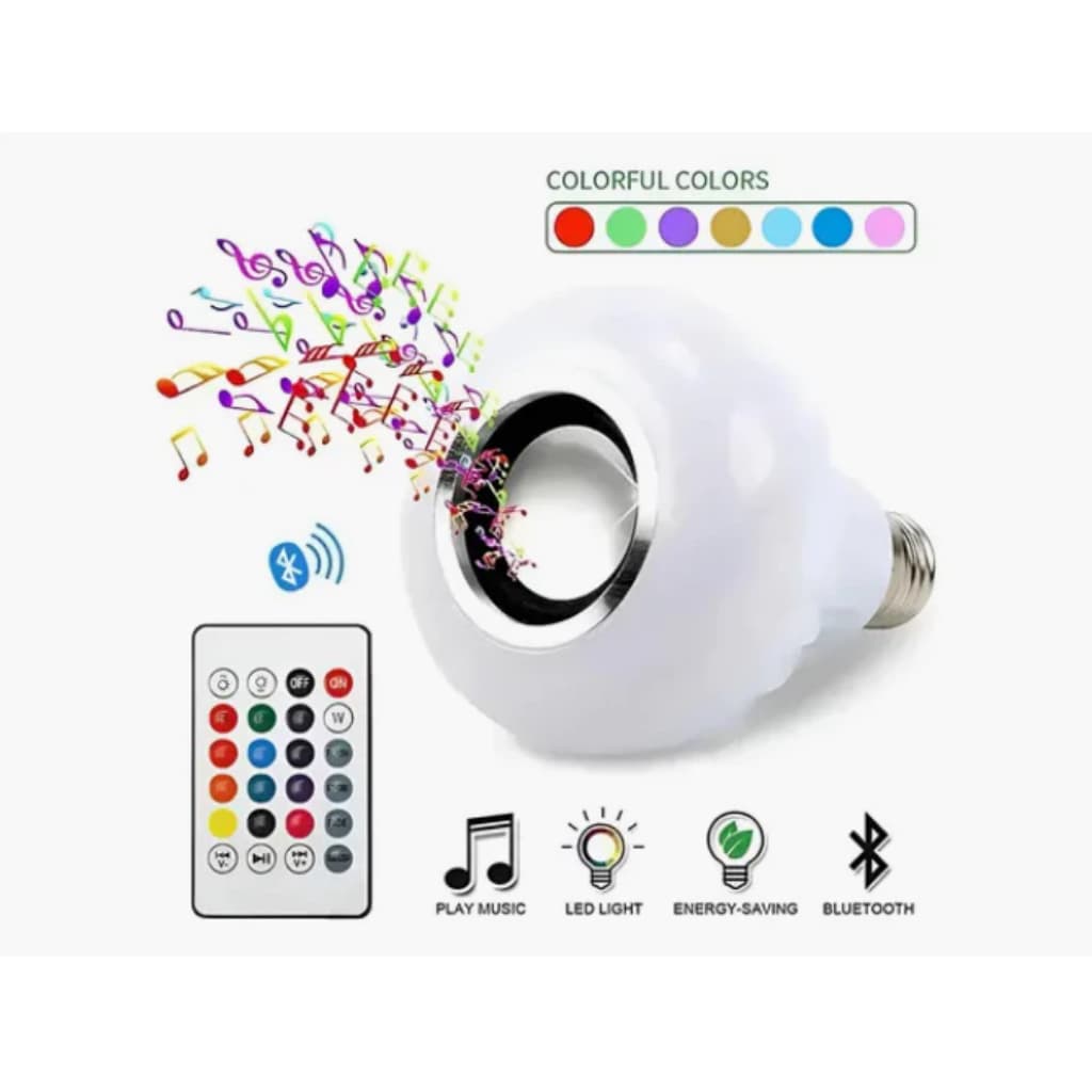Lâmpada Bluetooth Musical Caixa de Som LED RGB Colorida Controle Remoto Bivolt E27 Quarto Gamer