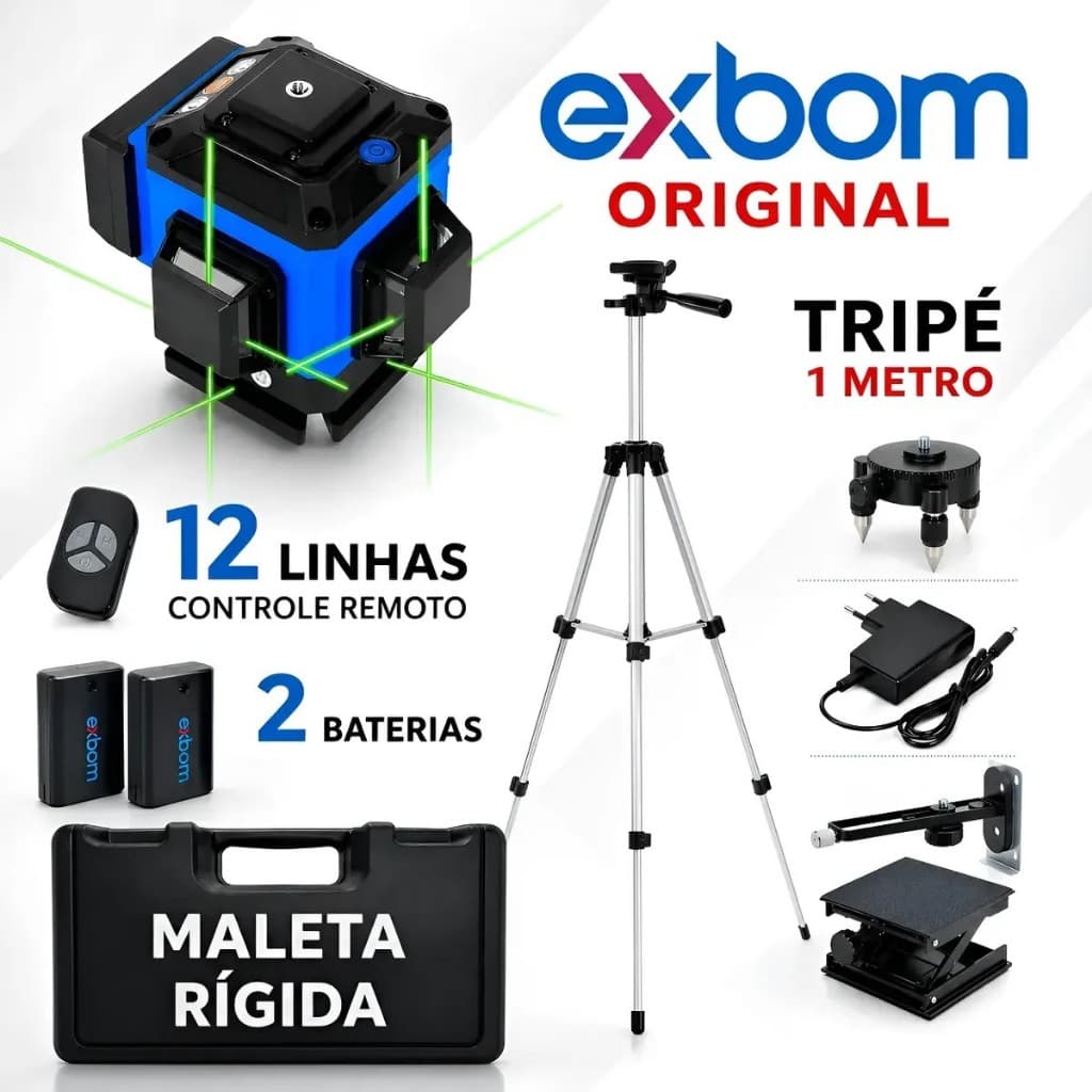 Nível Laser 12 Linhas + Tripé + Maleta Completa Controle 2 Baterias Exbom / Xcold's