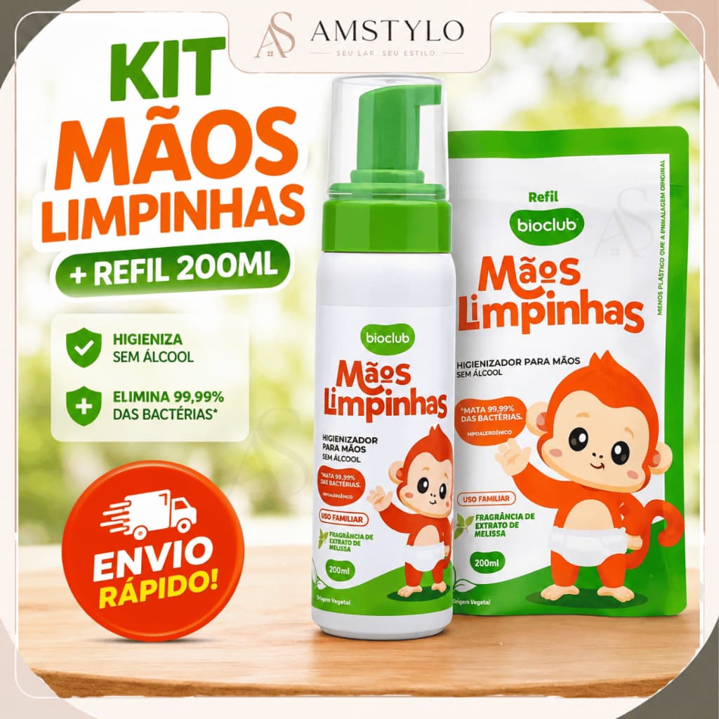 Kit Mãos Limpinhas e Refil 200ml Higienizador de Mãos Infantil Sem Álcool Mãe