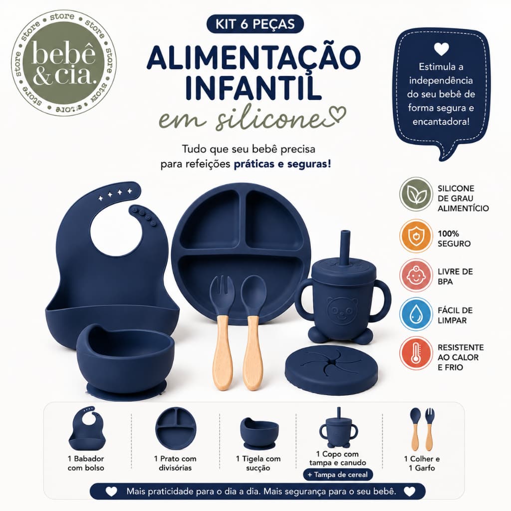 Kit Alimentação Bebê Silicone 6 Peças Antiderrapante Ventosa 6 CORES BLW Prato Tigela Babador Copo