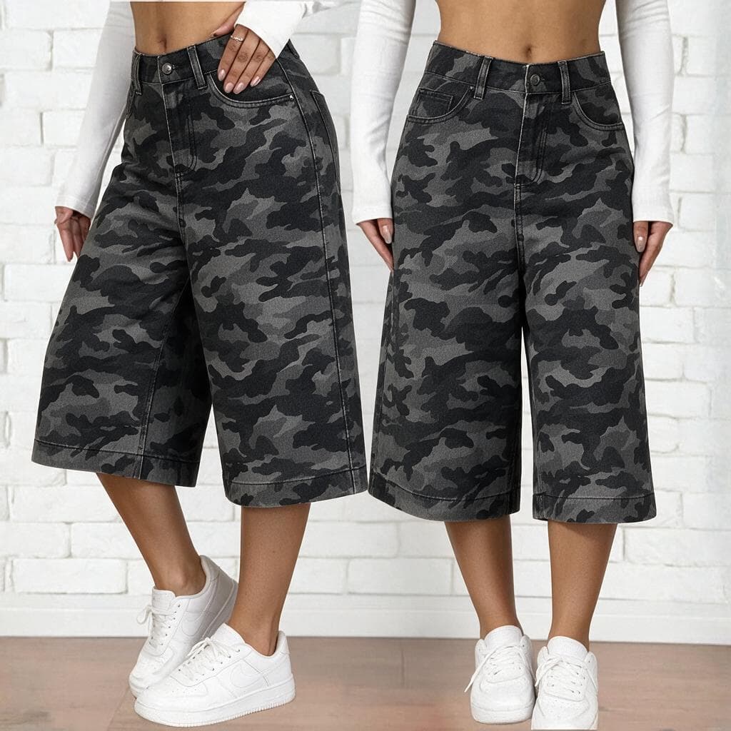 Calça Culotte Camuflada Cintura Alta Feminina Modelo 7/8 Perna Larga Tecido Resistente Estilo Streetwear Casual