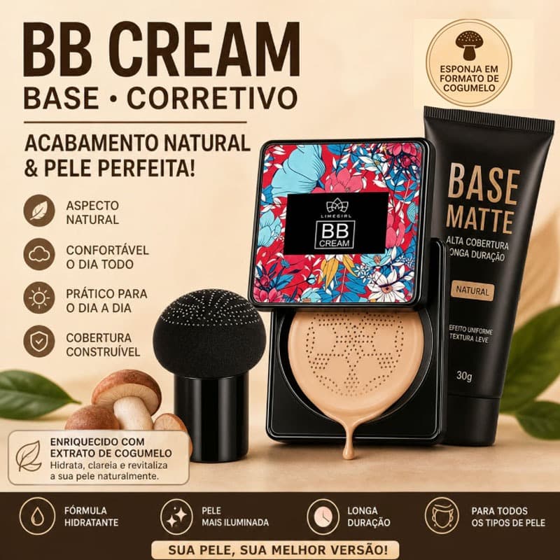 BB Cream/Base/Corretivo Base Líquida com Esponja com Formato de Cogumelo ou Base Matte Bisnaga / reme Clareador NATURAL