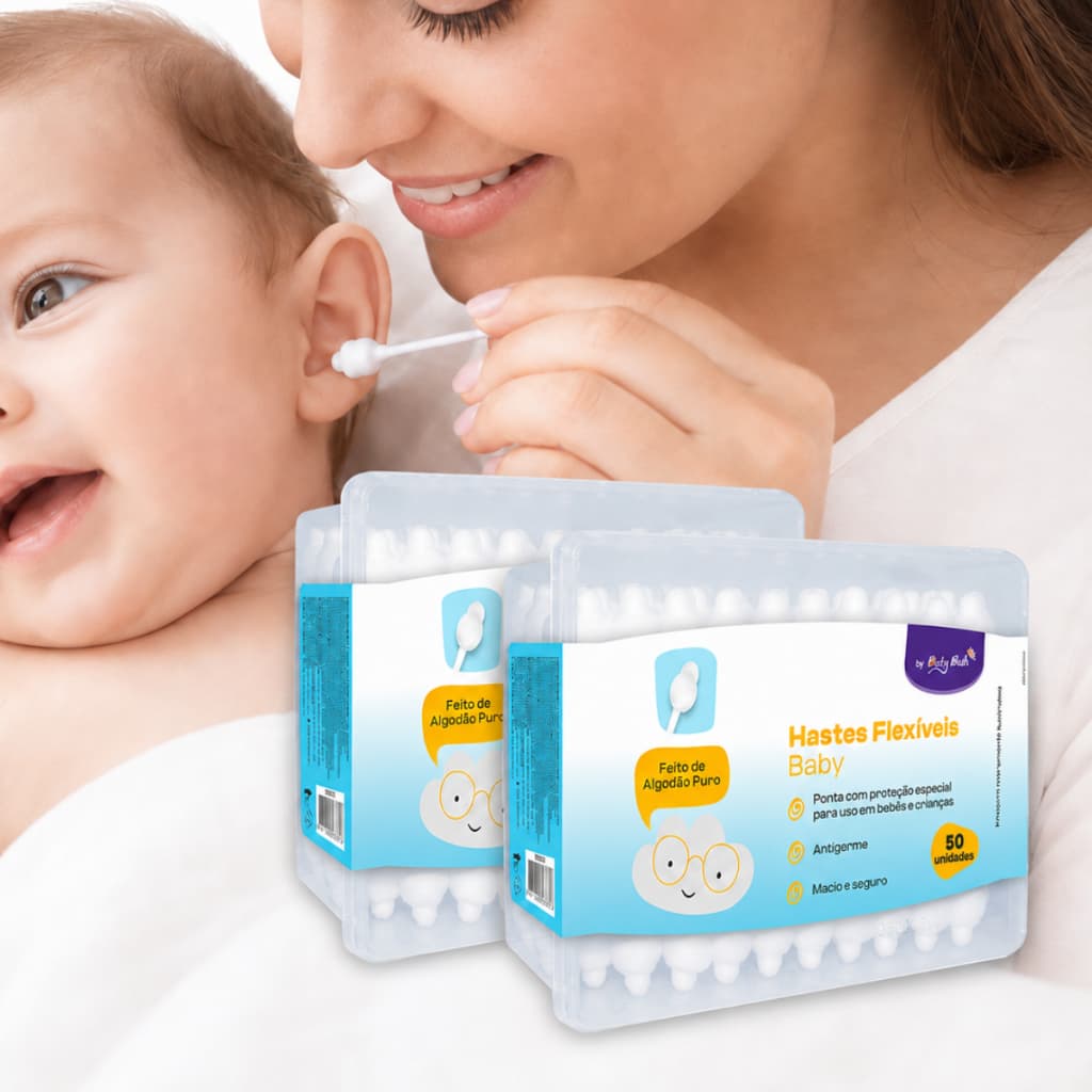Kit 100un Hastes Flexíveis Clingo para Bebê Antigerme com Ponta de Proteção Especial e Algodão Puro
