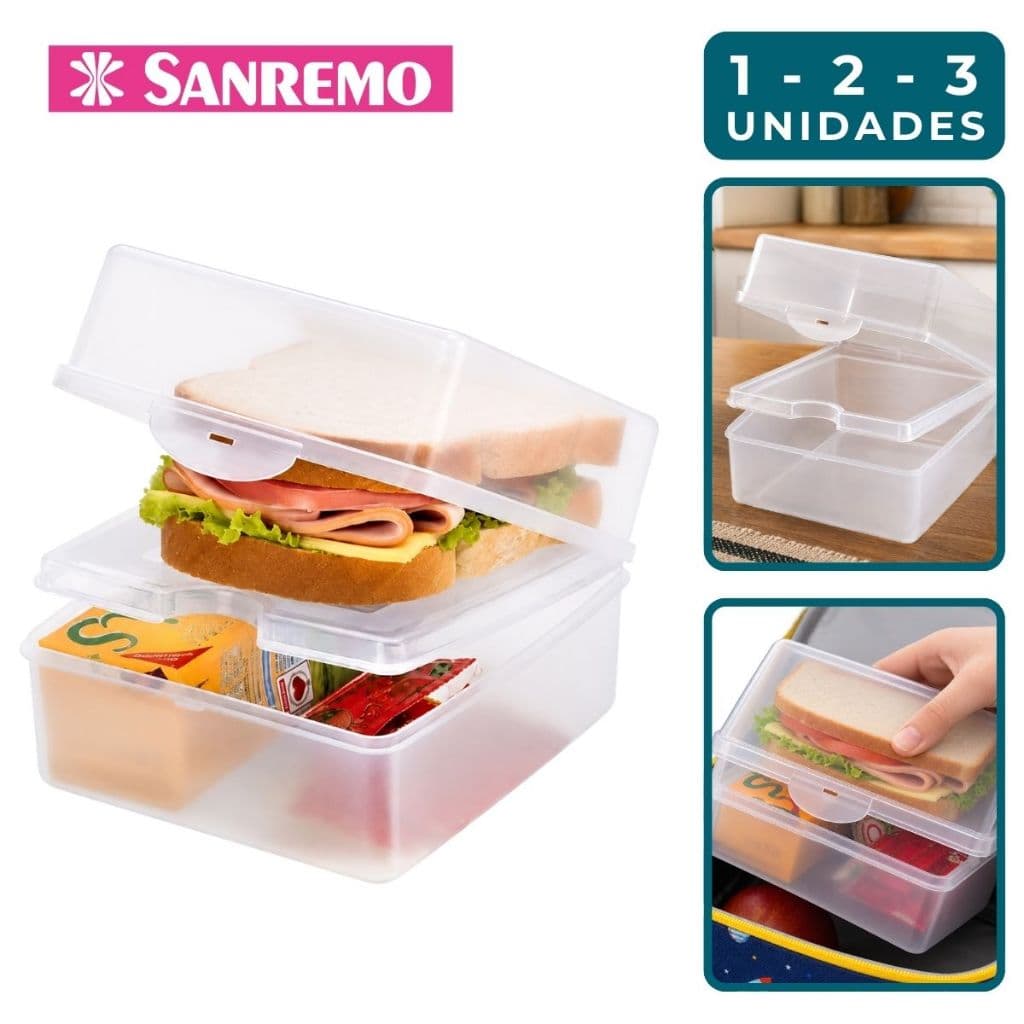 Sanduicheira Lancheira Dupla Transparente Sanremo Escolar Trabalho Academia Pão de Forma