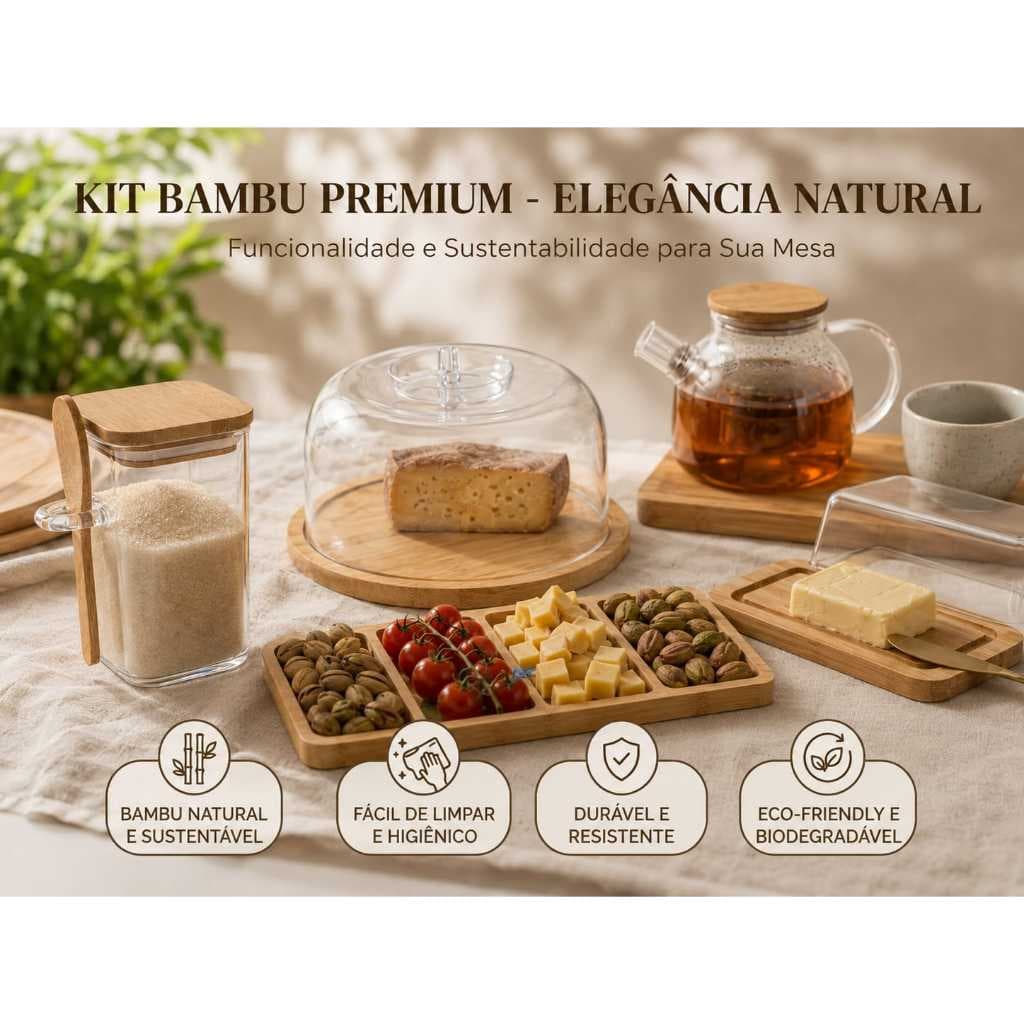 Kit   Bambu 5 peças/Durável e Ecológico/Chaleira/Petisqueira/Queijeira/Mantegueira/Açucareiro