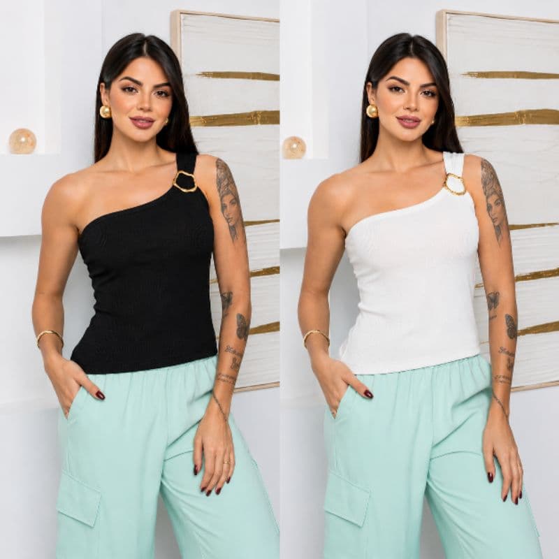 ​Kit 2 Regatas Um Ombro Só Feminina Blusa Assimétrica Com Detalhe Dourado Casual Chic