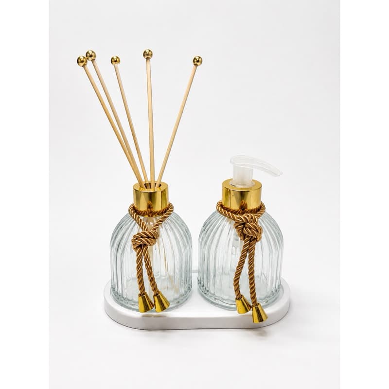Kit lavabo, difusor, saboneteira, bandeja e varetas, luxo em vidro 250 ml