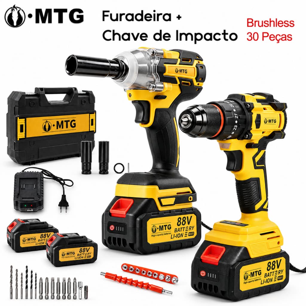 Kit Ferramentas 2 em 1 21V Brushless, Furadeira 350W 25Nm + Chave de Impacto Brushless 1/2” 800Nm, 2 Baterias, Maleta 35