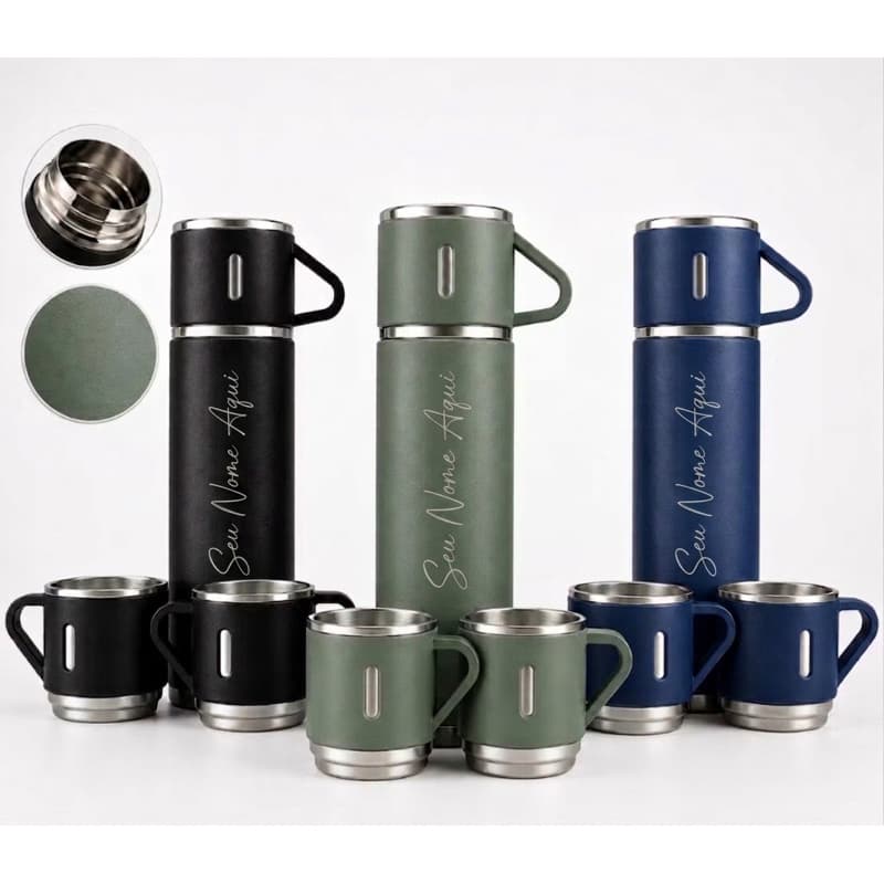 Kit Garrafa + 3 Xícaras Personalizados 500 ML  Térmica Bebida quente e fria