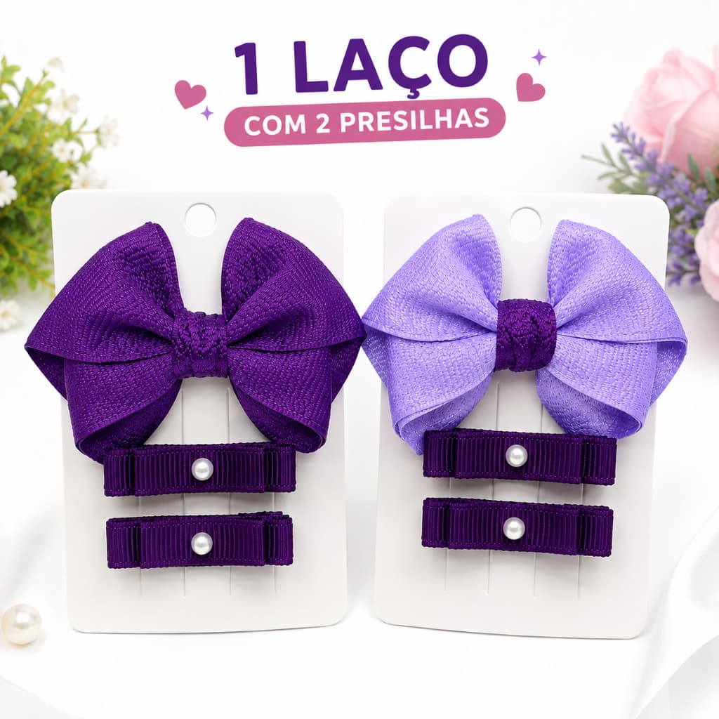 Laço Infantil Menina Grande para Cabelo com 2 Presilhas e Pérola Acessório Feminino Roxo Lilás Escolar Festa Presente Di