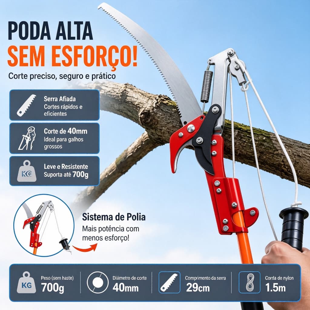 Tesoura de Poda Alta com Serra Afiada, Polia Dupla, Corte até 40mm, Leve para Jardinagem e Árvores