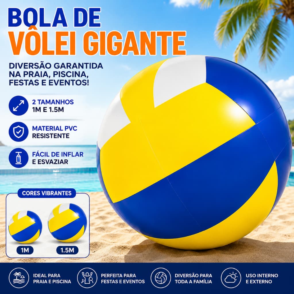 Bola de Vôlei Gigante Inflável 1m PVC Resistente + Bomba de Ar Grátis, Envio Brasil, Praia, Piscina e Diversão Familiar
