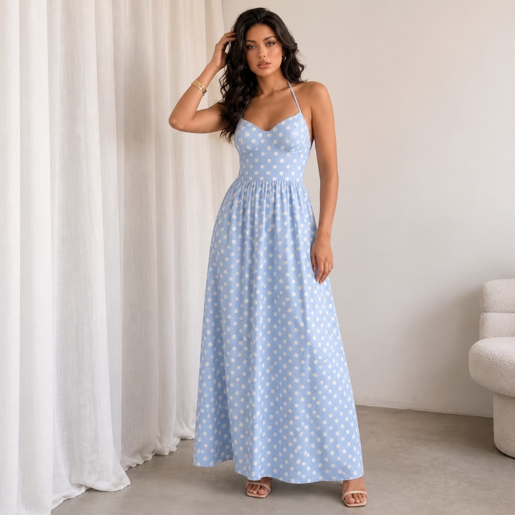 Vestido Longo Feminino Poá Alça Halter Acinturado Elegante Moda Verão Casual Festa