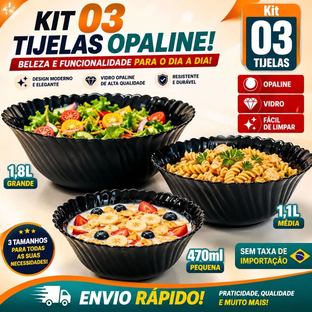 Jogo conjunto 03 Tigelas Redonda vidro trabalhado opaline preto Black Canelada 470ml/1130ml/1800ml
