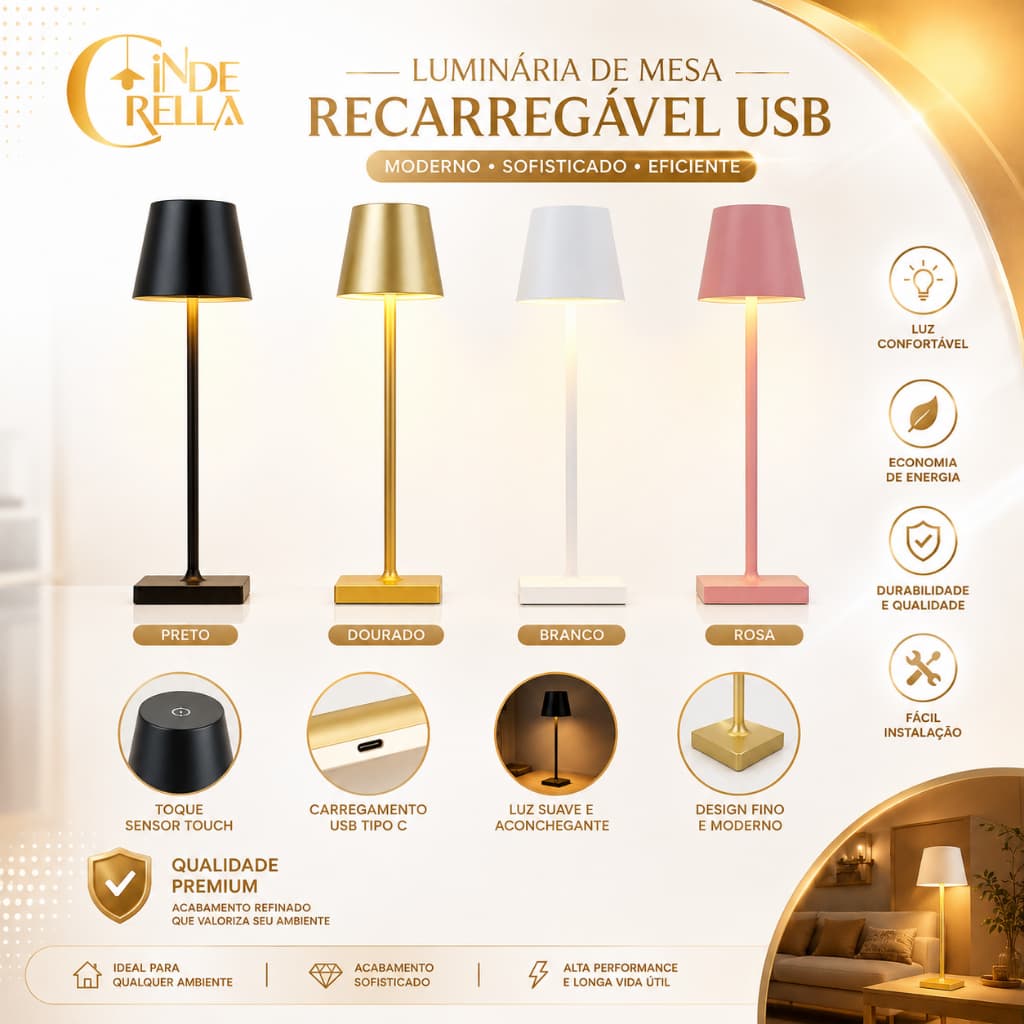 Luminária de Mesa Abajur  Recarregável USB Tipo C com 3 Tonalidades – Design Moderno
