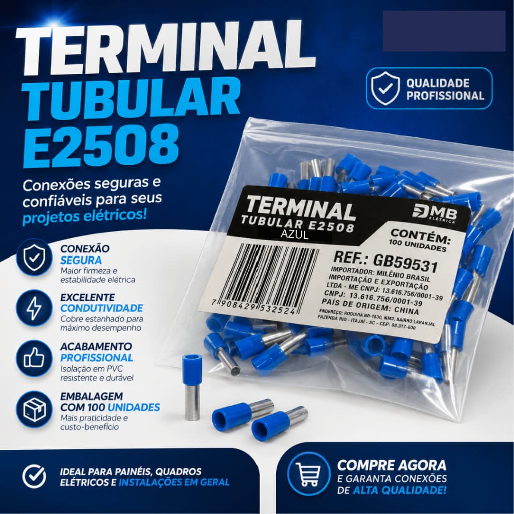 Terminal Elétrico Ilhós Tubular 2,5mm Cobre 100, 200, 500 e 1000 Peças