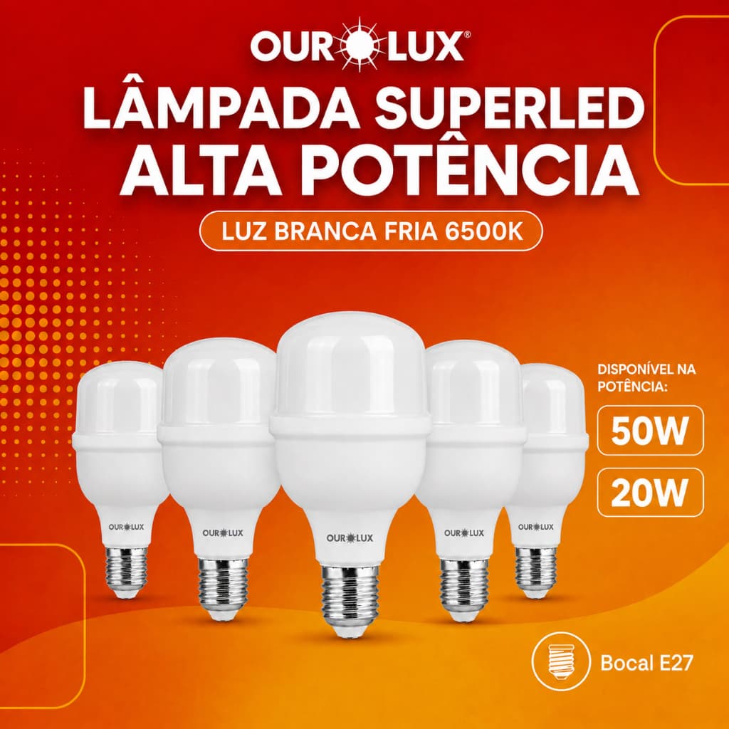 Kit 5 Lâmpadas Superled Alta Potência 20T 20W 50W 6500k Branco frio Ourolux