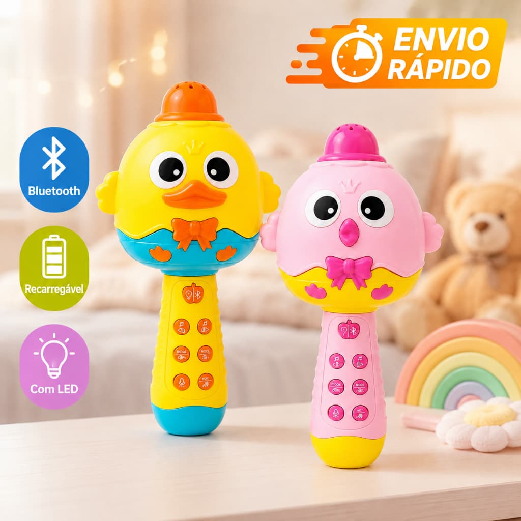 Microfone Infantil Patinho Karaokê Bluetooth Recarregável com Luz LED Música e Sons
